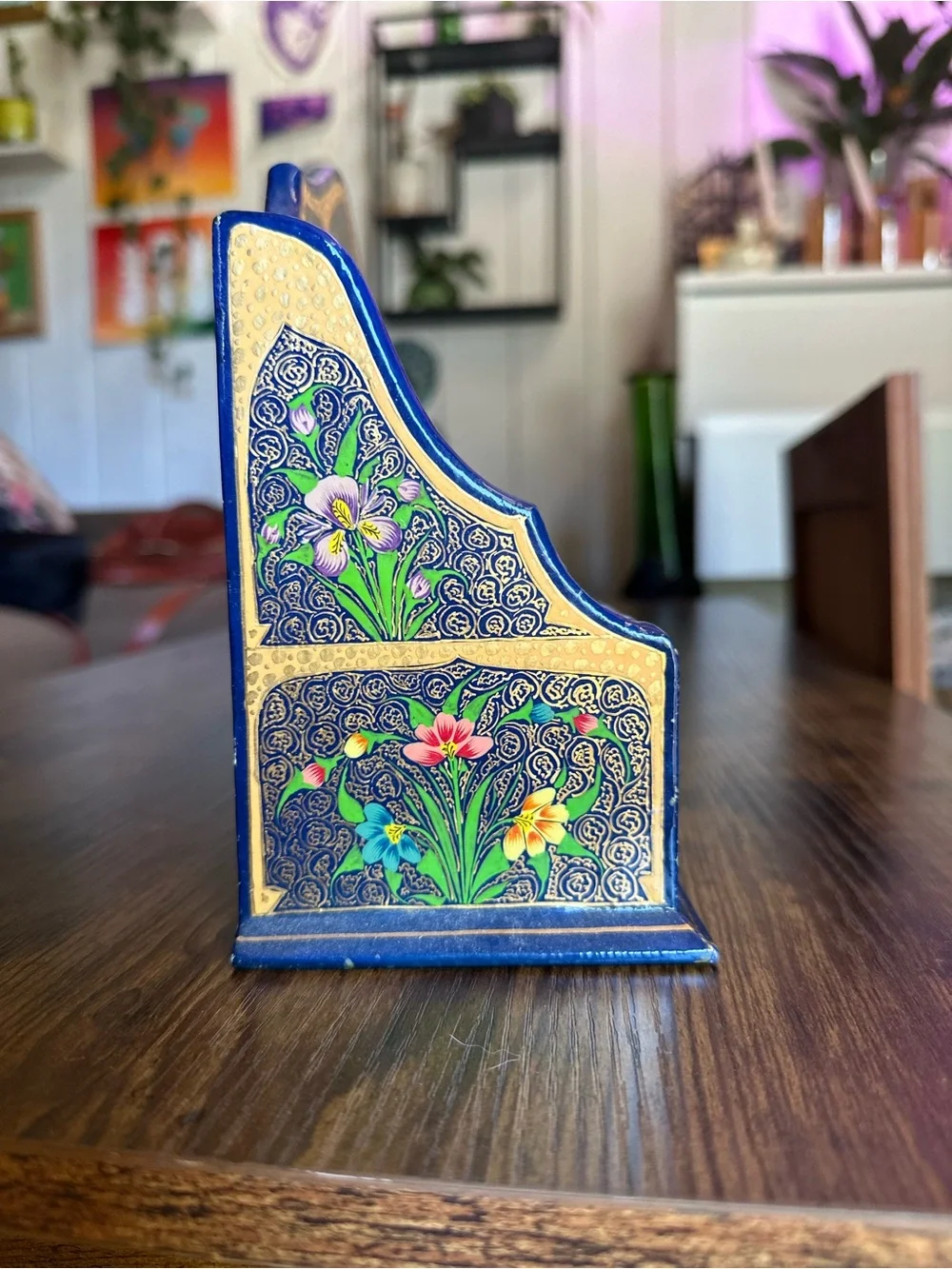 Hand-Painted Floral Wooden Desk Organizer - Blue & Gold